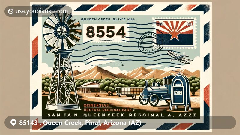 Modern illustration of Queen Creek, Pinal County, Arizona, featuring postal theme with ZIP code 85143, showcasing Queen Creek Olive Mill, San Tan Mountain Regional Park, vintage stamp, postal mark, and mailbox.