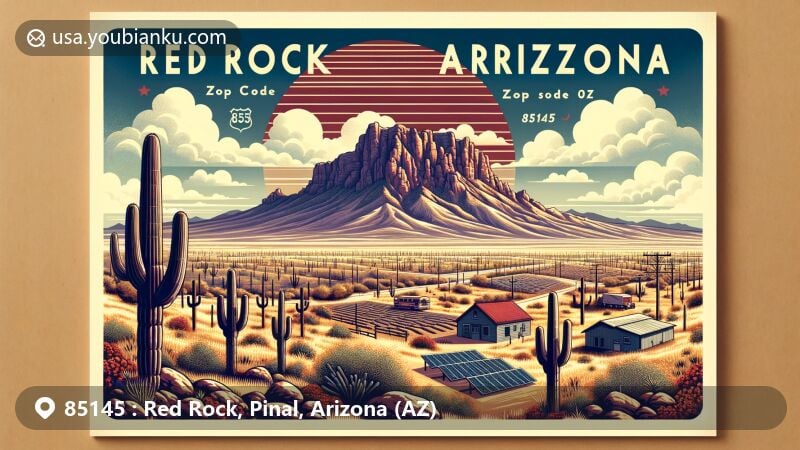 Modern illustration of Red Rock, Arizona, showcasing the area's natural beauty with Picacho Peak State Park in the background, agricultural roots, iconic saguaro cacti, and a blend of nature with technology, featuring a solar power station and the Saguaro Power Plant, with postal symbols and the ZIP Code 85145.