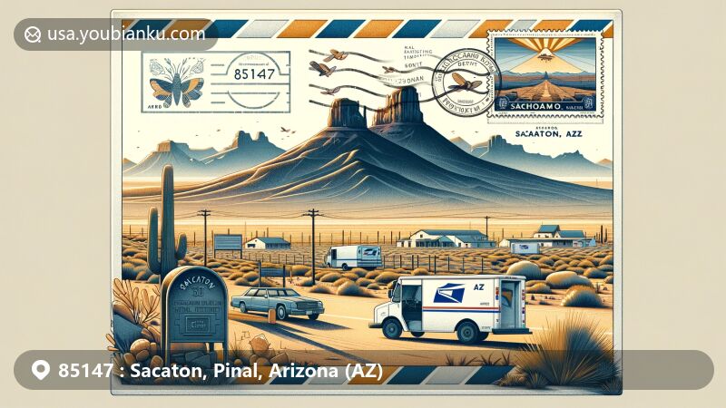 Modern illustration of Sacaton area in Arizona, featuring desert landscape, Hohokam Pima National Monument, airmail envelope with Sacaton Mountains stamp, '85147' postmark, mailbox, and mail delivery van.