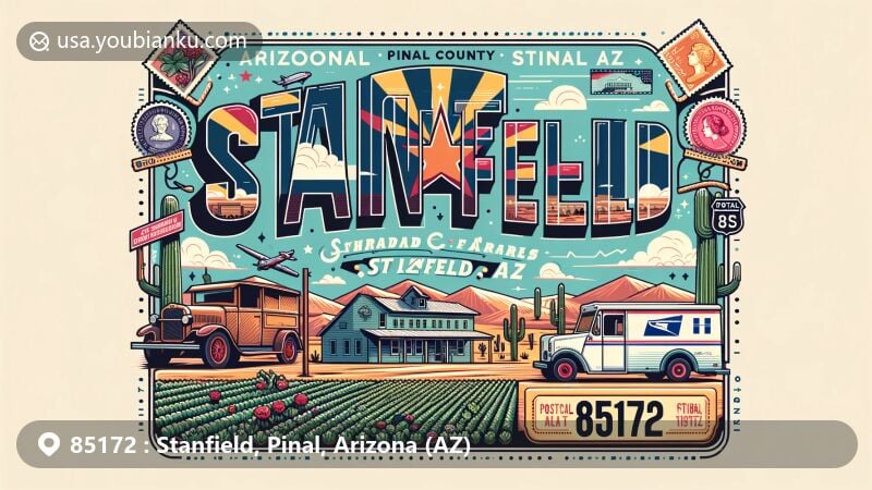 Modern illustration of Stanfield, Arizona, featuring ZIP code 85172, showcasing local and postal themes with Arizona state flag, Pinal County outline, Shamrock Farms, vintage air mail elements, and desert landscape backdrop.