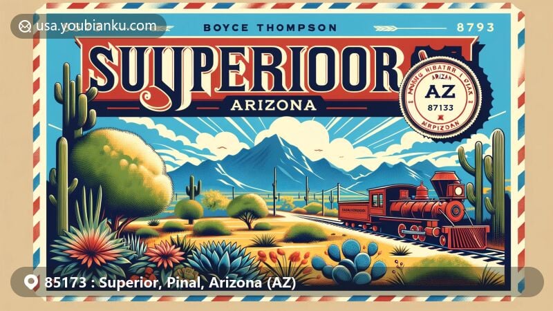 Modern illustration of Superior, Arizona, Pinal County, highlighting Boyce Thompson Arboretum and mining history, featuring desert plants and mining heritage elements.
