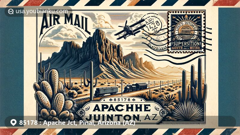 Modern illustration of ZIP code 85178 in Apache Junction, Arizona, featuring Superstition Mountain, Goldfield Mountains, vintage air mail envelope with Arizona state flag elements, Lost Dutchman's Gold Mine stamp, desert plants, and vibrant sunset colors.
