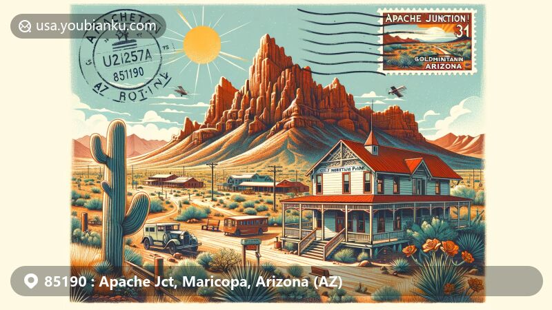 Modern illustration of Apache Junction, Arizona, highlighting Superstition Mountains, Silly Mountain Park, Goldfield Ghost Town, and vintage postal theme with AZ 85190 postmark.