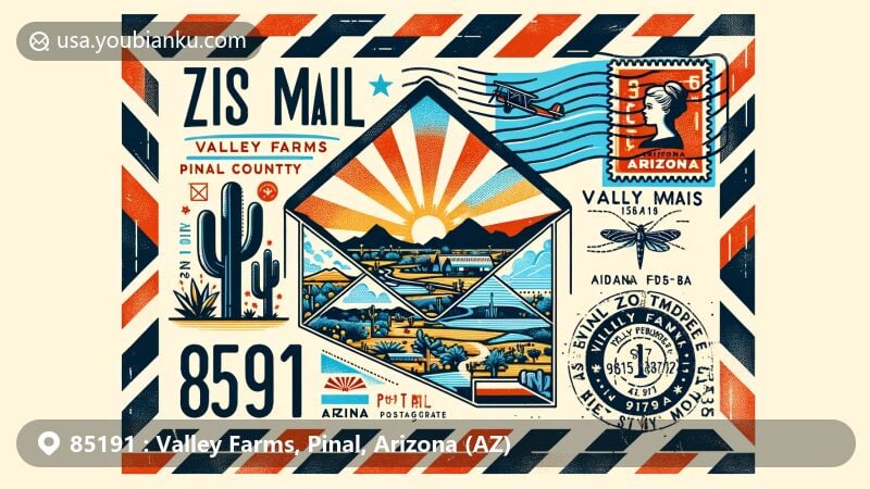 Modern illustration of Valley Farms, Pinal County, Arizona, with postal theme for ZIP code 85191, showcasing iconic Arizona elements and vintage air mail envelope design.