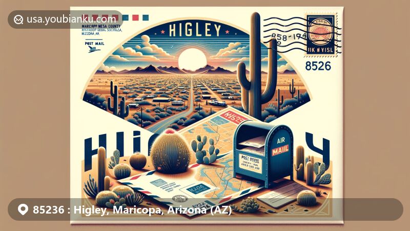 Vibrant illustration of Higley, Maricopa County, Arizona, showcasing postal theme with ZIP code 85236, blending natural beauty, local culture, and historical landmarks.