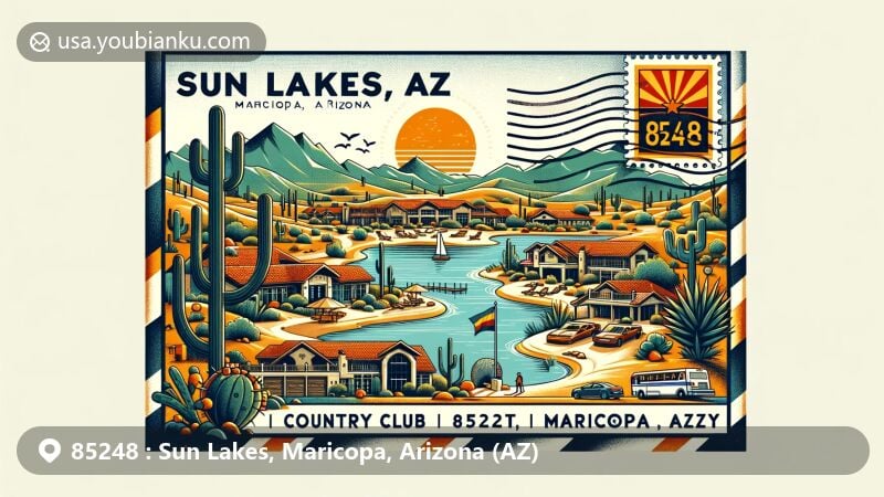 Modern illustration of Sun Lakes, Maricopa County, Arizona, with postal theme highlighting ZIP code 85248, showcasing country club communities and resort-style amenities, set against desert landscape and Arizona state symbols.