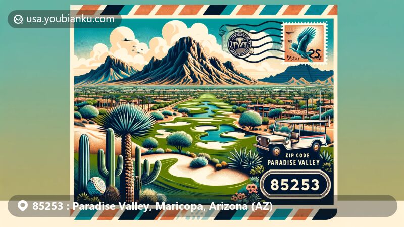Modern illustration of Paradise Valley, Maricopa County, Arizona, featuring luxury golf courses, exclusive real estate, and Camelback Mountain, with vintage airmail envelope elements, including Mummy Mountain stamp, airmail design, and ZIP Code 85253. Desert oasis theme with lush golf courses, desert landscape, mountains, and palo verde tree.