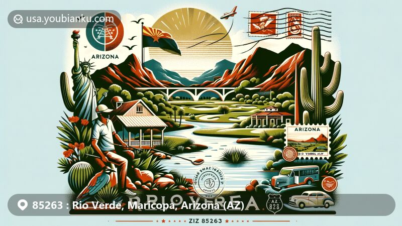 Modern illustration of Rio Verde, Arizona, highlighting natural beauty and community lifestyle with Verde River, Tonto National Forest, and McDowell Mountain Regional Park.