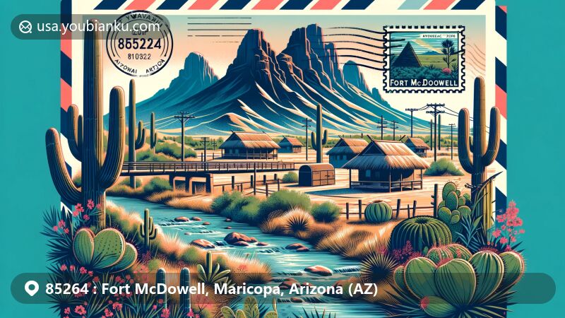 Modern illustration of Fort McDowell area, Maricopa County, Arizona, showcasing postal theme with ZIP code 85264, featuring iconic Four Peaks, Fort McDowell Yavapai Nation, Verde River, traditional Yavapai huts, and local flora.