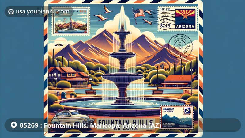Illustration of Fountain Hills, Maricopa County, Arizona, featuring iconic Fountain Hills fountain and McDowell Mountains, with vintage airmail envelope, Arizona state flag stamp, and ZIP code 85269.