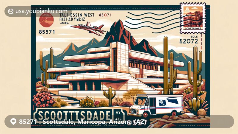 Modern illustration of Scottsdale, Arizona, showcasing Taliesin West by Frank Lloyd Wright, Old Town Scottsdale, cacti, and the McDowell Mountains, with a postal theme featuring airmail envelope and ZIP code 85271.
