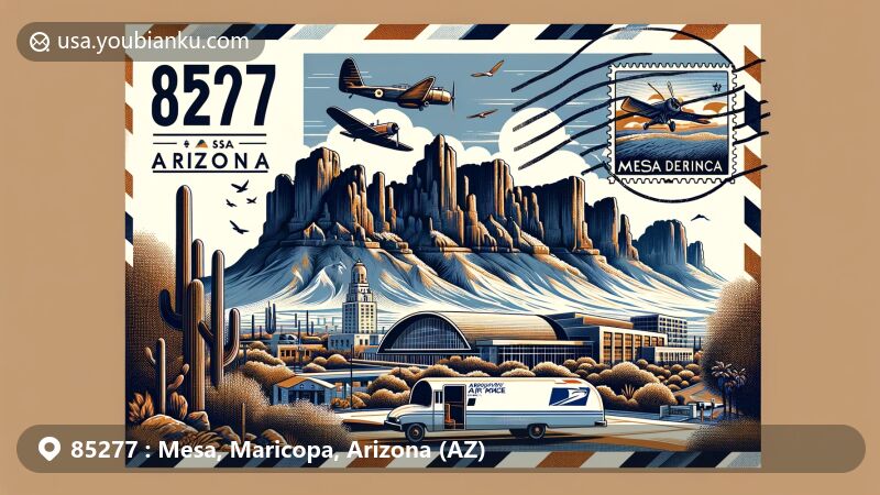 Modern illustration of Mesa, Maricopa, Arizona, showcasing blend of natural beauty, history, and postal elements with Superstition Mountains, Mesa Arts Center, Hohokam heritage, vintage airmail envelope, postage stamp, and postal carrier bag.