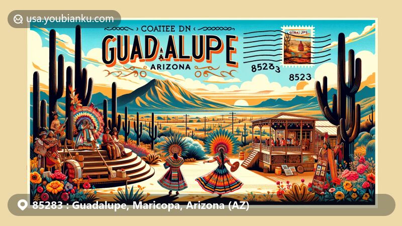 Modern illustration of Guadalupe, Arizona, blending Yaqui cultural elements and scenic desert landscape, with Guadalupe Library symbol and postal motifs like stamp and postmark with ZIP code 85283.