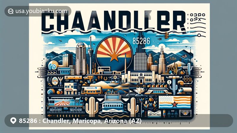 Modern illustration of Chandler, Arizona, focusing on the 85286 ZIP code area with a stylized postcard featuring Chandler's flag, Maricopa County location, and symbols of its history, economy, and landscape.