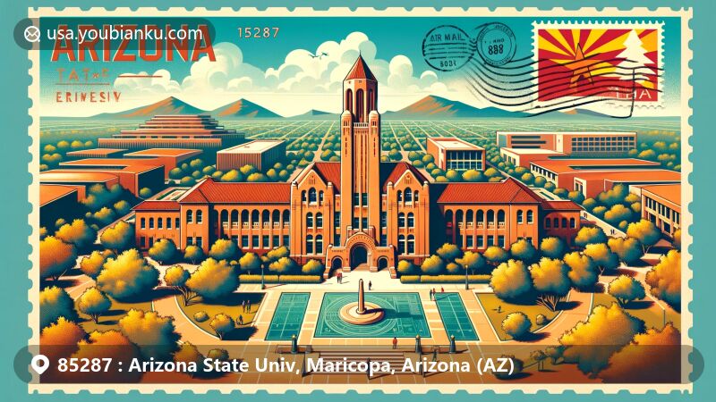 Modern illustration of Arizona State University, located in ZIP code 85287, featuring Old Main and Gammage Memorial Auditorium, with postcard and air mail envelope elements, including postal stamps and '85287' postmark, along with Arizona state flag.