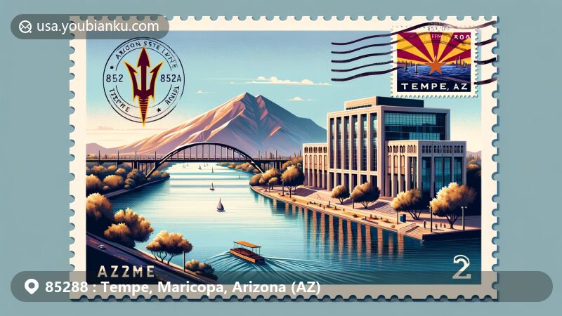 Illustration of Arizona State University architecture against the backdrop of Tempe Town Lake and Mill Ave Bridge, featuring Arizona state flag elements and a stamp with Mill Ave Bridge scenery, postmarked '85288 Tempe, AZ'.