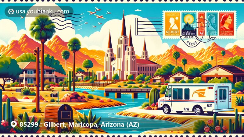Modern illustration of Gilbert, Maricopa County, Arizona, depicting landmarks like the Riparian Preserve at Water Ranch and the Gilbert Temple, featuring postal elements with ZIP code 85299 and Arizona state flag.