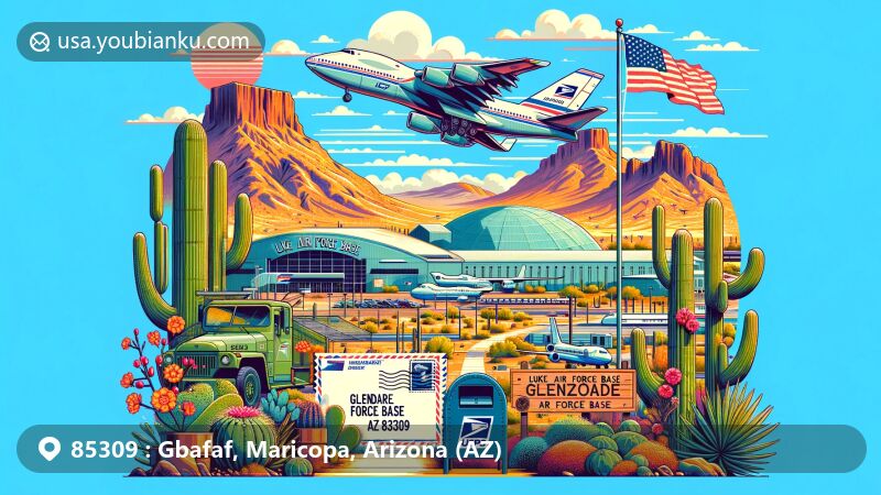 Modern illustration of Luke Air Force Base, Glendale, Arizona, capturing the essence of the Sonoran Desert with its unique flora and fauna, and the vibrant life at the air force base, featuring aircraft, American flag, airmail elements, and iconic postal symbols like USPS mailbox.