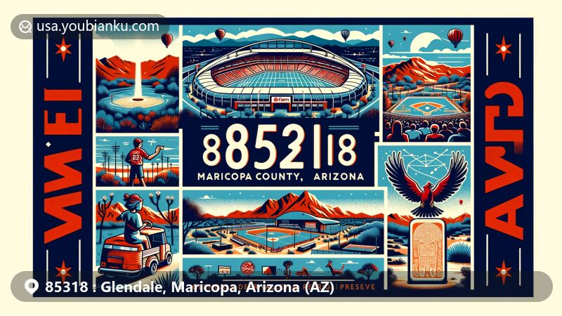 Modern illustration of Glendale, Maricopa County, Arizona, capturing the essence of ZIP code 85318 through a postal theme, featuring State Farm Stadium, Camelback Ranch, Deer Valley Petroglyph Preserve, and Glendale Glitters.