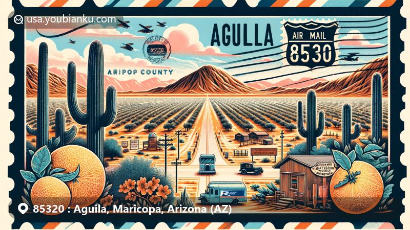 Modern illustration of Aguila, Arizona, showcasing cantaloupe farming, U.S. Route 60, and desert landscape of Maricopa County, emphasizing the area's agricultural heritage and desert climate.