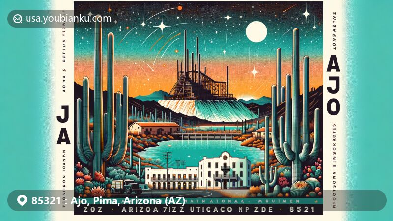 Modern illustration of Ajo, Pima County, Arizona, highlighting Organ Pipe Cactus National Monument and New Cornelia Mine, reflecting historical mining heritage and Spanish colonial revival architecture, set against a starry sky with vibrant desert sunset.