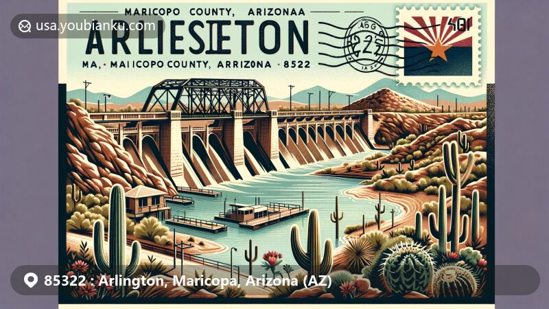 Modern illustration of Arlington, Maricopa County, Arizona (AZ), with Gillespie Dam Bridge as focal point, surrounded by desert scenery and cacti, featuring postal theme with ZIP code 85322 and Arizona state flag.