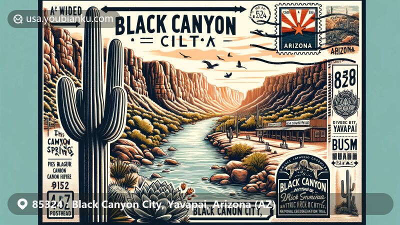 Modern illustration of Black Canyon City, Arizona, showcasing Agua Fria River, Yavapai County's desert landscapes, and Black Canyon Heritage Park with birding and butterfly habitats.