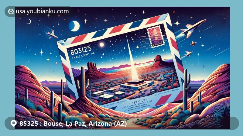 Modern illustration of Bouse, La Paz County, Arizona (AZ), highlighting the desert landscape with red rock formations and starry night sky, featuring a creative postal theme element with Hi Jolly Monument and desert symbols.