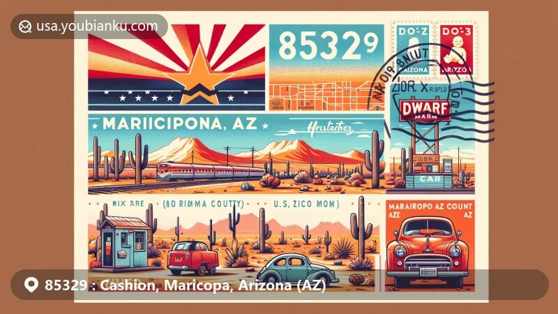 Modern illustration of Cashion, Maricopa County, Arizona, representing ZIP code 85329, featuring the Dwarf Car Museum and Arizona state flag, showcasing desert landscape and postal elements.
