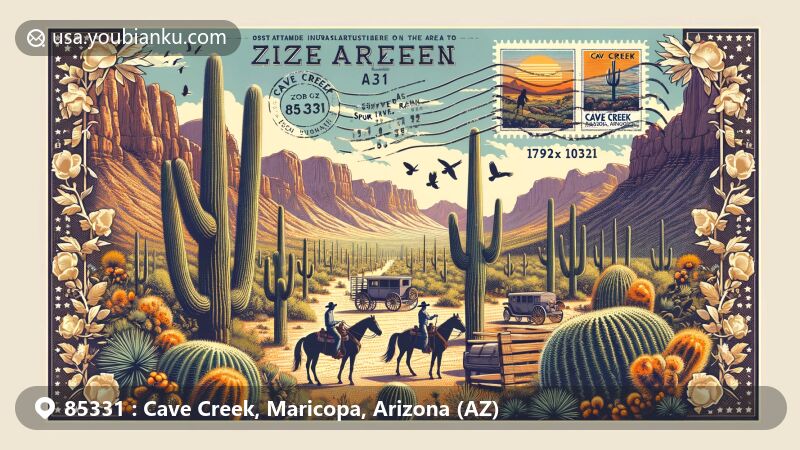 Modern illustration of Cave Creek, Maricopa County, Arizona, highlighting desert landscapes, Cave Creek Regional Park, Spur Cross Ranch Conservation Area, and Old West heritage like horseback riding, featuring saguaro cacti and Sonoran Desert scenery.