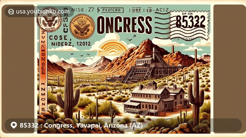 Vintage-style illustration of Congress, Arizona, in Yavapai County, highlighting its historical gold mining past and semi-arid landscape, featuring elements like the Congress Mine and modern postal details with ZIP code 85332.