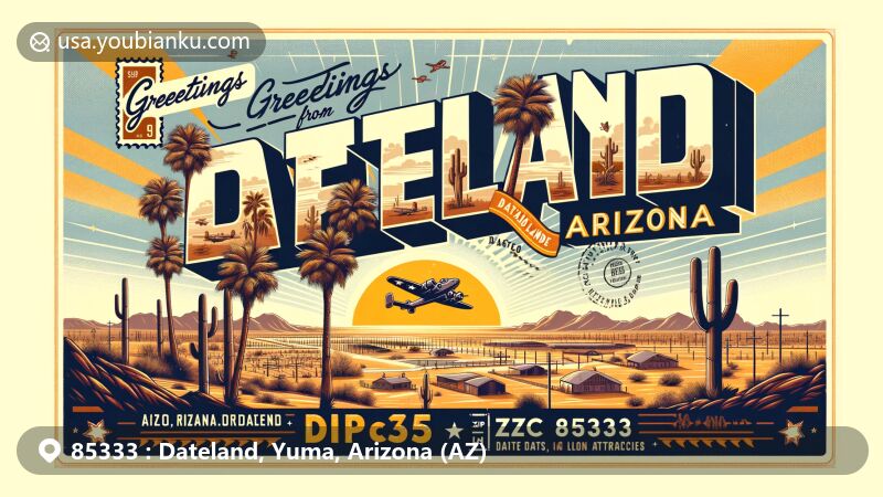 Vintage-style illustration of Dateland, Arizona, showcasing desert landscape with date palm trees of Dateland Date Gardens, WWII airplane, Camp Horn, and Camp Hyder silhouettes, featuring 'Greetings from Dateland, Arizona - ZIP Code 85333' in retro lettering and vintage postage stamp elements.