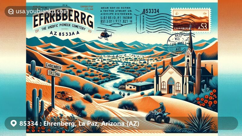 Modern illustration of Ehrenberg, La Paz County, Arizona, capturing ZIP code 85334, featuring historic landmarks like Ehrenberg Pioneer Cemetery, adventurous Ehrenberg Sandbowl OHV Area, and the serene Colorado River.