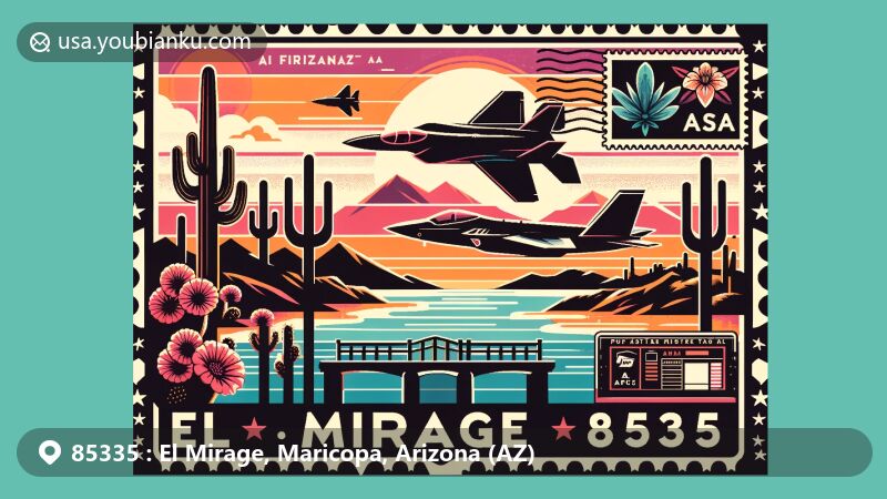 Creative illustration of El Mirage, Arizona, featuring Agua Fria River, saguaro cacti, and vintage aviation theme, with sunset hues and postal elements including ZIP code 85335.
