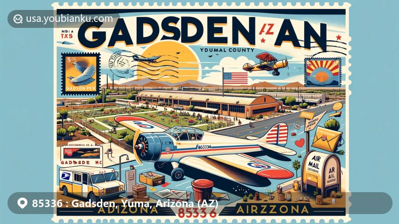 Modern illustration of Gadsden Park, Yuma County, Arizona, celebrating ZIP code 85336 with local landmarks and postal theme, featuring McDaniel Field's aviation history, air mail envelope, and Arizona state flag.
