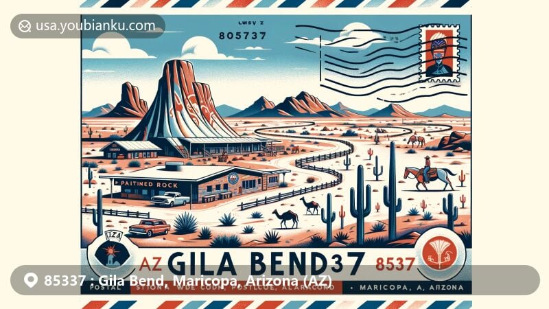 Modern illustration of Gila Bend, Maricopa County, Arizona, featuring Painted Rock Petroglyph Site, Space Age Lodge, and Gila Bend Rodeo Grounds, set against the Sonoran Desert landscape with saguaro cacti.