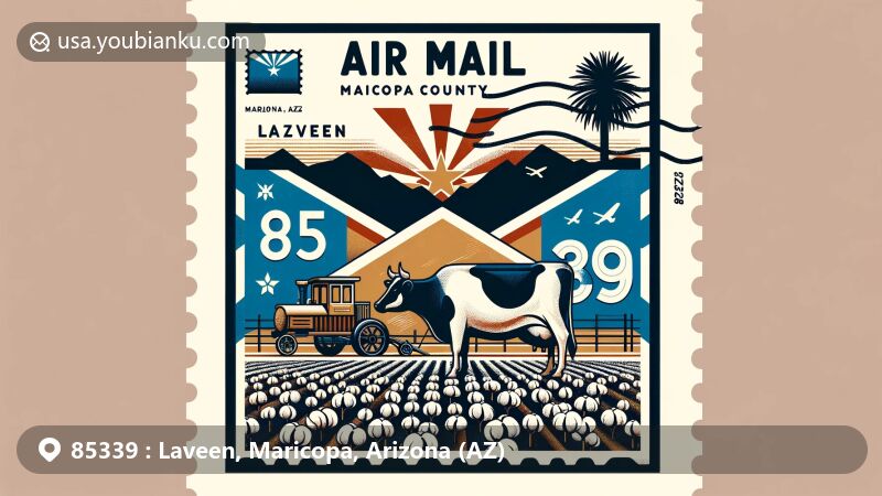 Modern illustration of Laveen, Maricopa County, Arizona, showcasing postal theme with ZIP code 85339, featuring elements of the Arizona state flag, symbols of Laveen's dairy farming history, Holstein cattle, South and Estrella Mountains, South Mountain Park, and cotton fields.