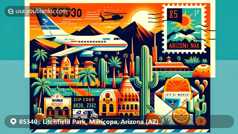Modern illustration of Litchfield Park, Arizona, showcasing postal theme with ZIP code 85340, featuring palm and orange trees, the Wigwam Resort, and the Wildlife World Zoo & Aquarium.