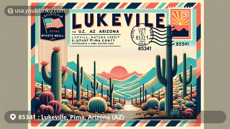 Modern illustration of Lukeville, Arizona, showcasing vintage postal theme with Organ Pipe Cactus National Monument, desert landscapes, and postal elements like Arizona flag stamp and 'Lukeville, AZ 85341' postmark.