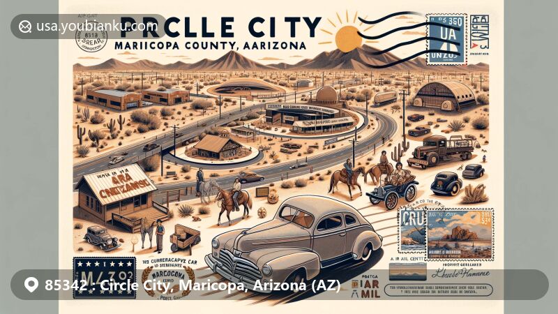 Modern illustration of Circle City, Maricopa County, Arizona, highlighting postal theme with ZIP code 85342, featuring U.S. Route 60, Dwarf Car Museum, Koli Equestrian Center, and Huhugam Heritage Center.