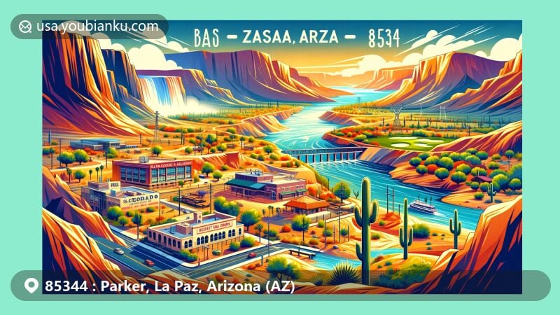 Vibrant illustration of Parker, La Paz County, Arizona, featuring Colorado River meandering through desert landscape with focus on Parker Dam and local landmarks, capturing town's natural beauty and recreational activities.