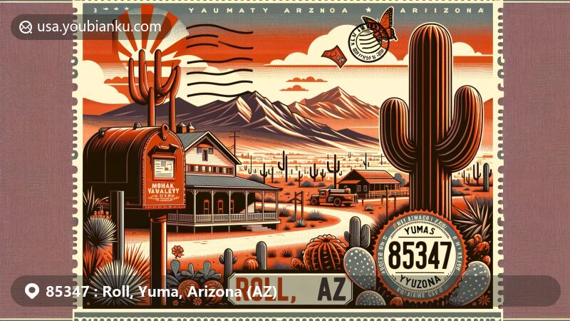 Modern illustration of Roll, Yuma, Arizona, capturing the essence of ZIP code area 85347, featuring Mohawk Valley School, desert landscape with cacti, vintage postcard layout, red mailbox, and Arizona state flag.