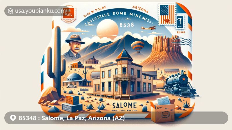Modern illustration of Salome, Arizona, featuring Castle Dome Mines Museum and Ghost Town, Dick Wick Hall, airmail envelope with '85348' ZIP Code, symbolic mailbox, and vibrant colors.