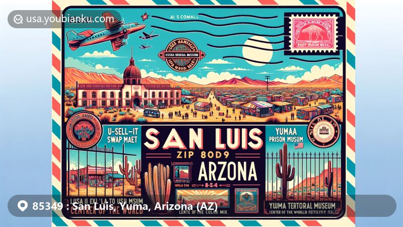Modern illustration of San Luis, Arizona, showcasing cultural and geographical uniqueness with U-Sell-It Swap Meet, Cocopah Museum, Yuma Territorial Prison Museum, Felicity Center of the World, and desert landscape near Mexico border, emphasizing American and Mexican cultural blend.