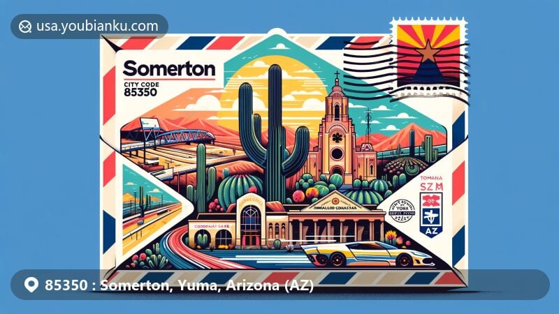 Modern illustration of Somerton, Arizona, showcasing airmail envelope with ZIP code 85350, featuring key landmarks like Somerton City Hall and Inmaculado Corazón de María Church.