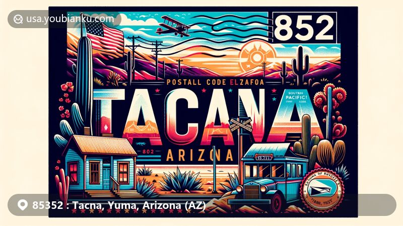 Modern illustration of Tacna, Yuma County, Arizona, featuring ZIP code 85352, highlighting desert landscape of Mohawk Valley and Gila River, blending postal themes and local symbols.