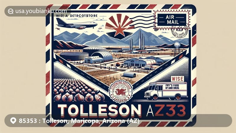 Modern illustration of Tolleson, Maricopa County, Arizona, inspired by air mail envelope and showcasing iconic elements, including agricultural fields, distribution centers, and Arizona state flag.