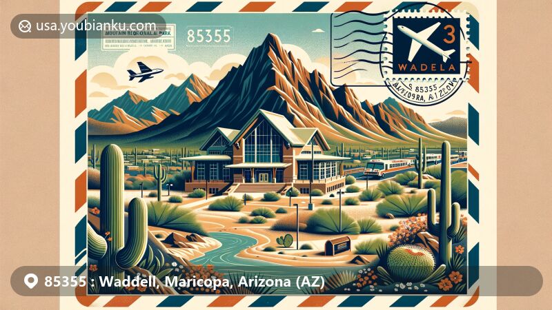 Modern illustration of Waddell, Maricopa County, Arizona, highlighting ZIP code 85355 with White Tank Mountain Regional Park and White Tank Library, featuring Saguaro cacti, Palo Verde trees, and diverse wildlife, blending natural beauty with community elements.