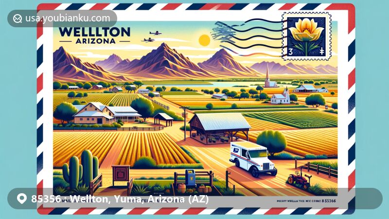 Modern illustration of Wellton, Arizona, showcasing postal theme with ZIP code 85356, centered around Butterfield Golf Course and Gila Mountains, capturing the town's agricultural heritage and serene lifestyle.