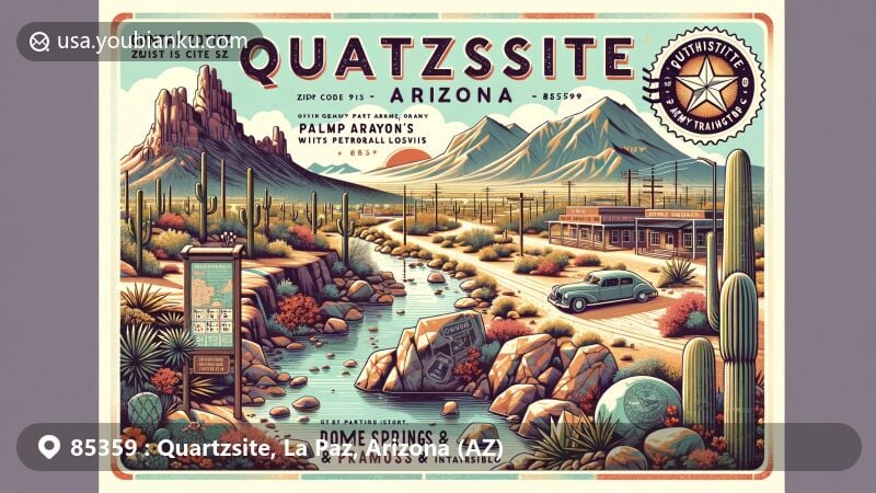 Modern illustration of Quartzsite, Arizona, featuring Hi Jolly's Tomb, Dripping Springs with historic mines and petroglyphs, Palm Canyon desert oasis, and Quartzsite Rock Alignment & Intaglio, highlighting Dome Rock and Plomosa Mountains in a postal-themed design.